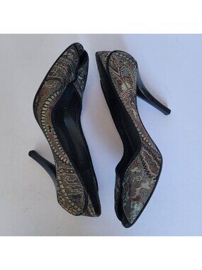 Stuart Weitzman Brocade Tapestry Peep Toe Pumps Stiletto Heels Victoria Inspired